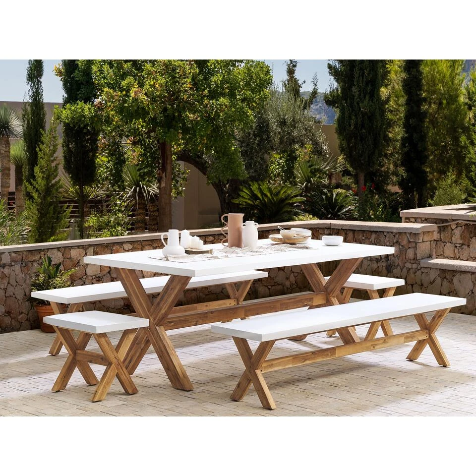 Beliani Tuintafelset OLBIA - Wit Vezelcement 2 Beliani Tuintafelset OLBIA - Wit Vezelcement - Afbeelding 2